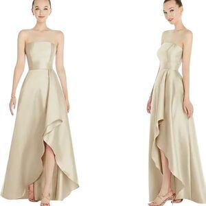 Alfred Sung Strapless Satin Gown Draped Front Slit Pockets Champagne 6